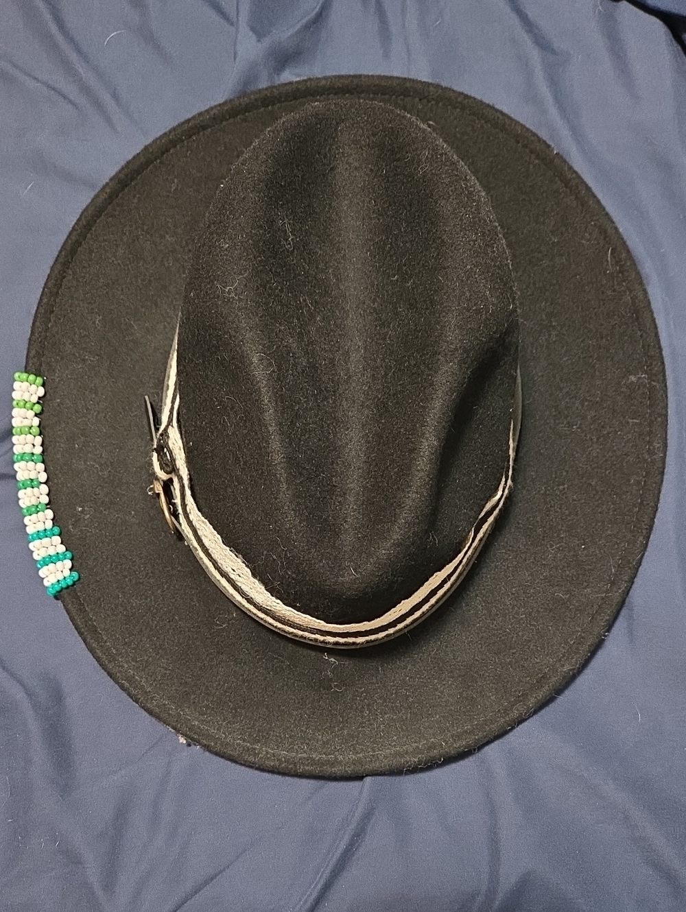 Black Felt Wide-Brim Fedora Hat with Decorative Band